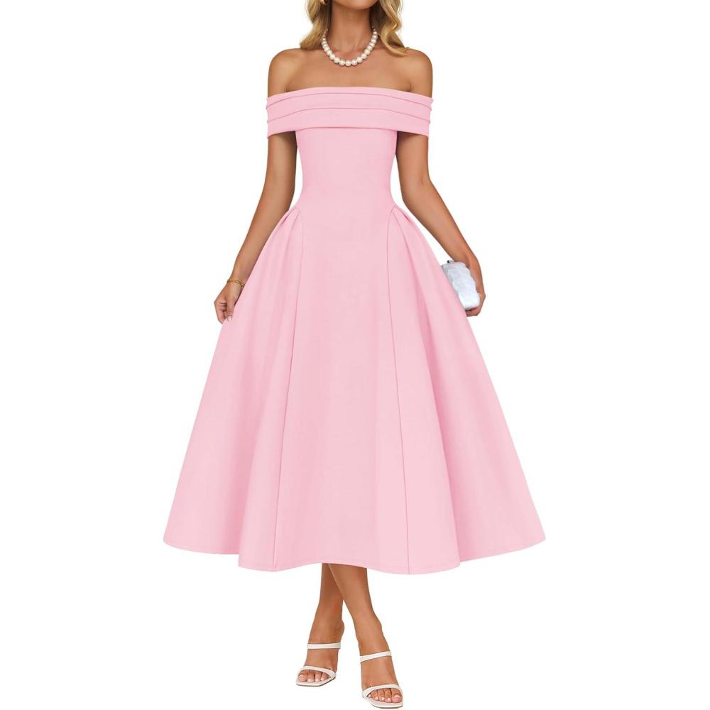 imageZESICA Cocktail Dresses for Womens Elegant Off Shoulder Short Sleeve Swing A Line Wedding Evening Party Midi DressPink