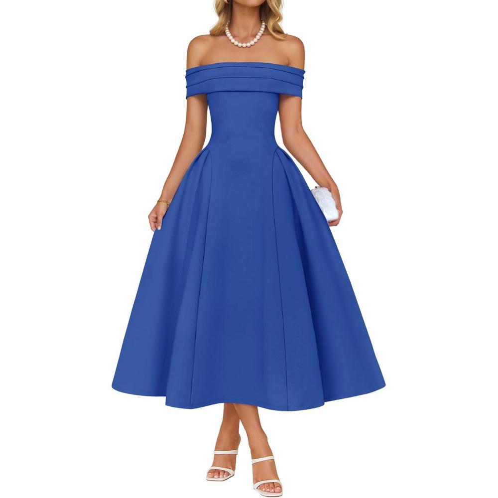 imageZESICA Cocktail Dresses for Womens Elegant Off Shoulder Short Sleeve Swing A Line Wedding Evening Party Midi DressRoyalblue