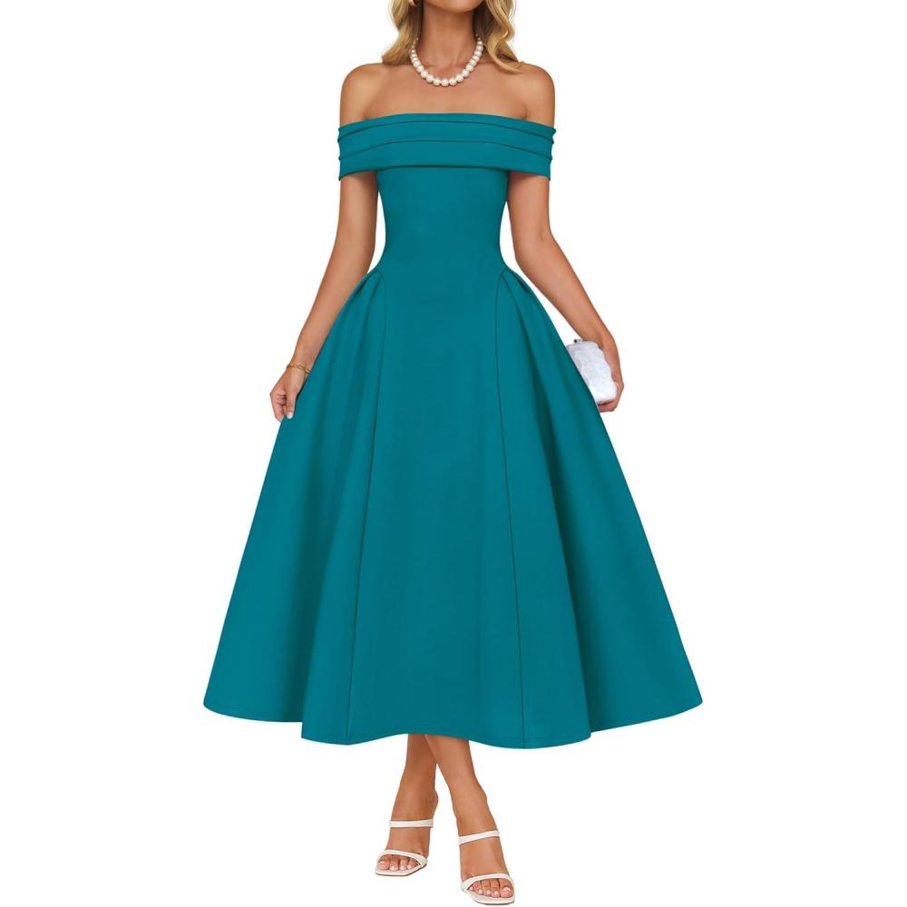 imageZESICA Cocktail Dresses for Womens Elegant Off Shoulder Short Sleeve Swing A Line Wedding Evening Party Midi DressTeal