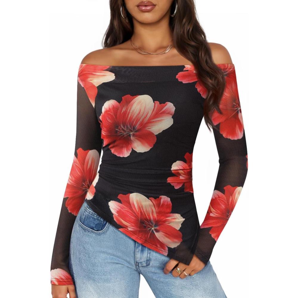 imageZESICA Floral Mesh Off Shoulder Long Sleeve Tops for Women 2026 Y2k Double Lined Sheer Spring Going Out ShirtsBlack