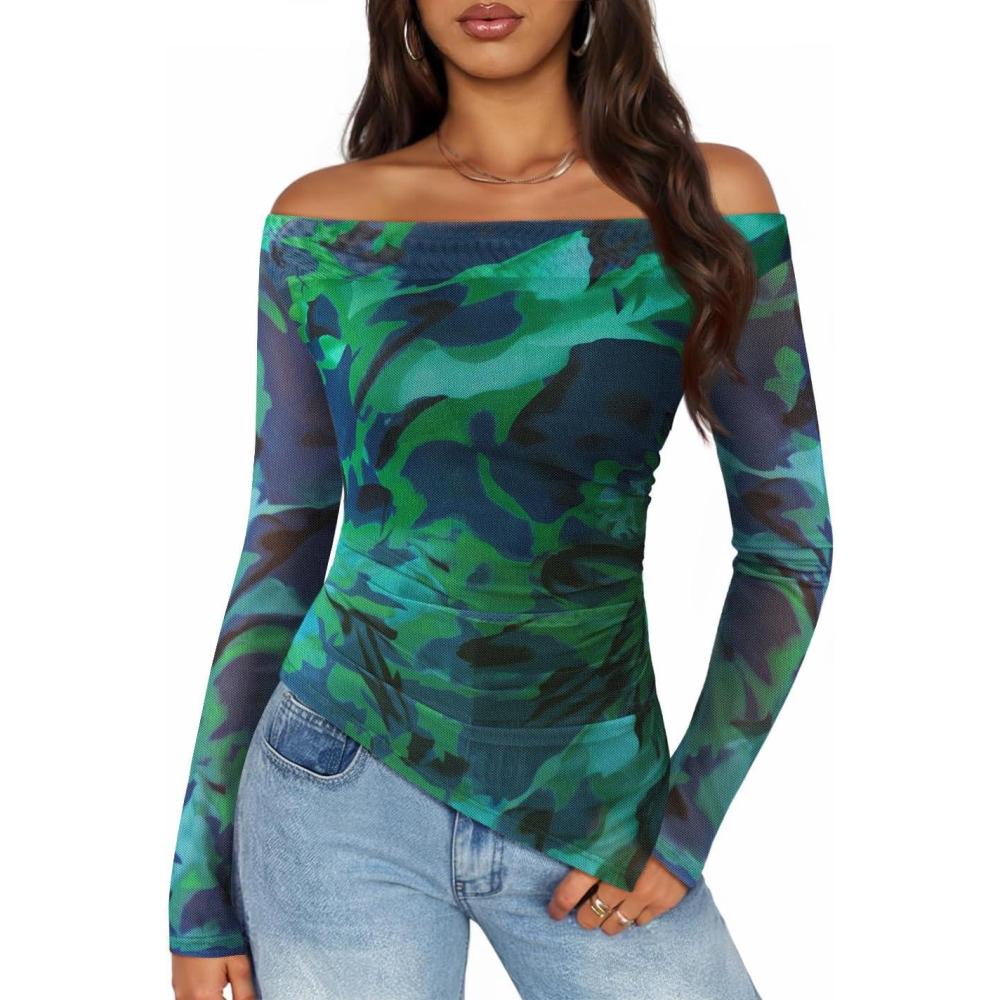 imageZESICA Floral Mesh Off Shoulder Long Sleeve Tops for Women 2026 Y2k Double Lined Sheer Spring Going Out ShirtsLakegreen