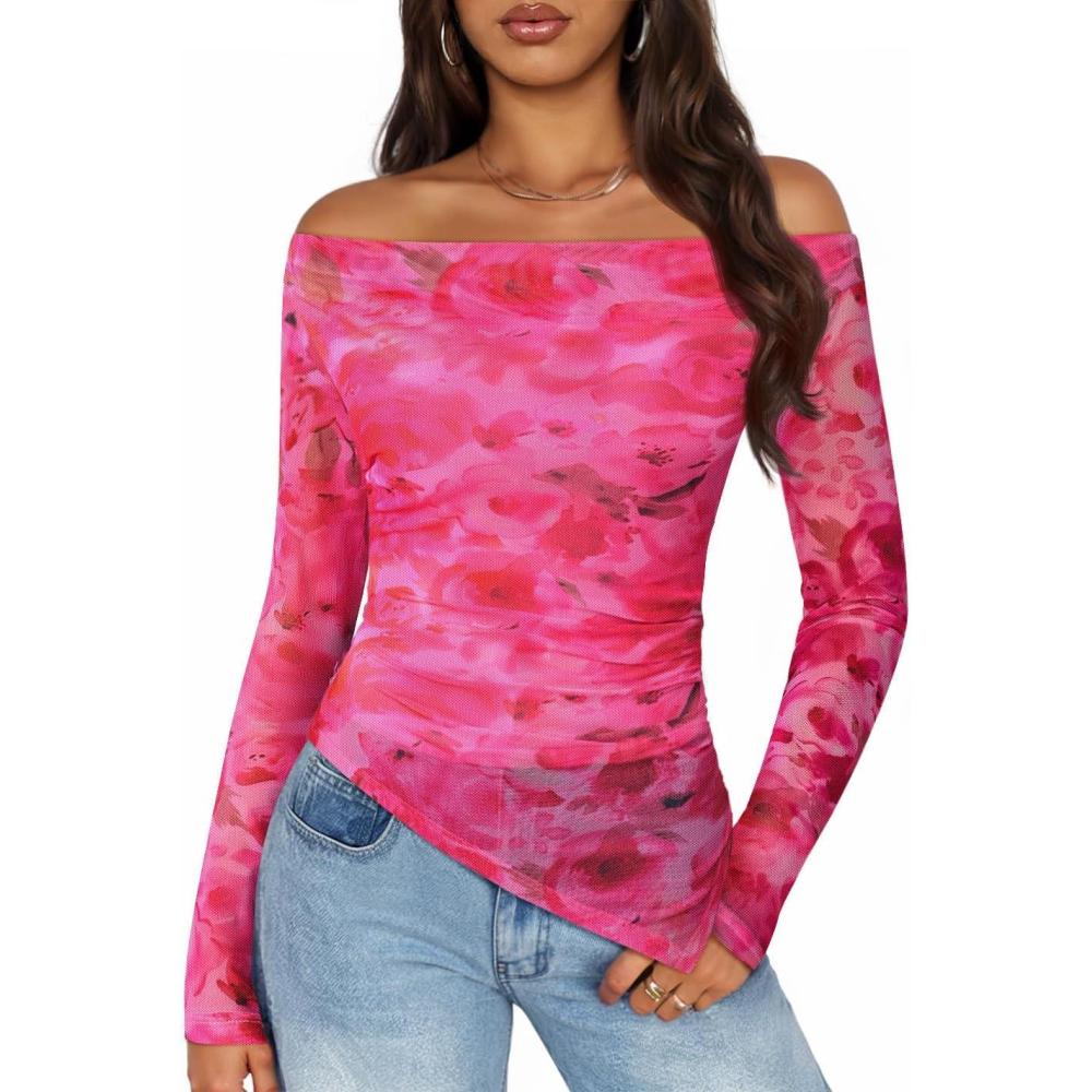 imageZESICA Floral Mesh Off Shoulder Long Sleeve Tops for Women 2026 Y2k Double Lined Sheer Spring Going Out ShirtsPink
