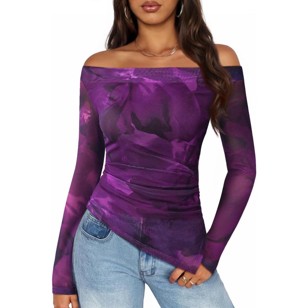 imageZESICA Floral Mesh Off Shoulder Long Sleeve Tops for Women 2026 Y2k Double Lined Sheer Spring Going Out ShirtsPurple