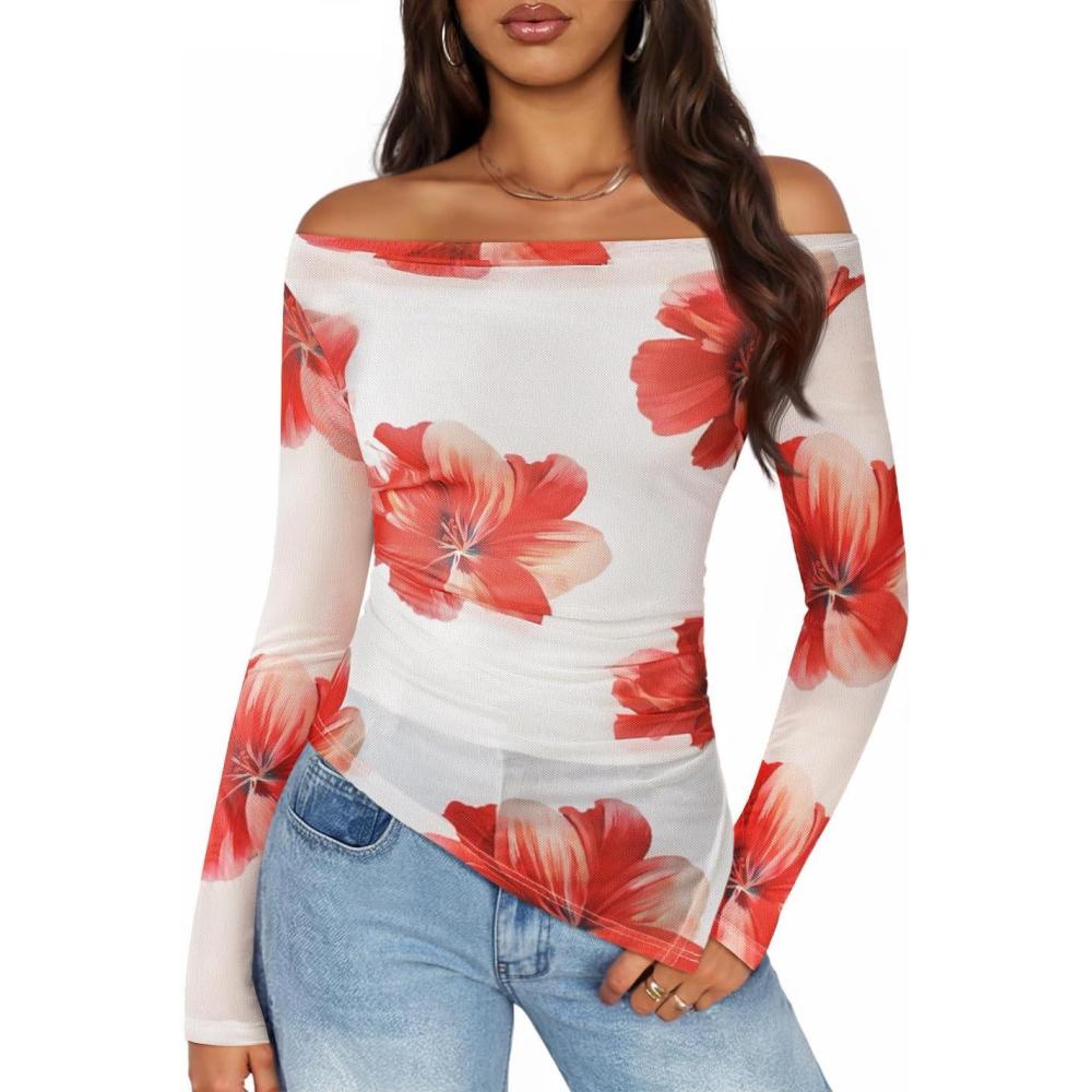 imageZESICA Floral Mesh Off Shoulder Long Sleeve Tops for Women 2026 Y2k Double Lined Sheer Spring Going Out ShirtsWhite