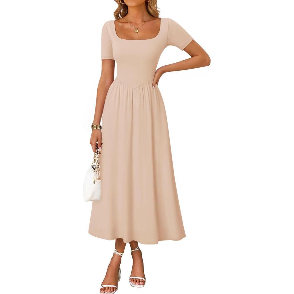 imageZESICA Summer Dresses for Women 2026 Elegant Classy Square Neck Short Sleeve Flowy Cocktail Party Midi DressApricot