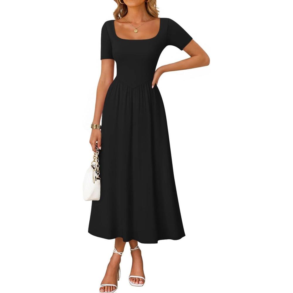 imageZESICA Summer Dresses for Women 2026 Elegant Classy Square Neck Short Sleeve Flowy Cocktail Party Midi DressBlack