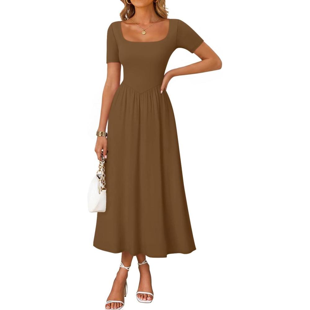 imageZESICA Summer Dresses for Women 2026 Elegant Classy Square Neck Short Sleeve Flowy Cocktail Party Midi DressBrown