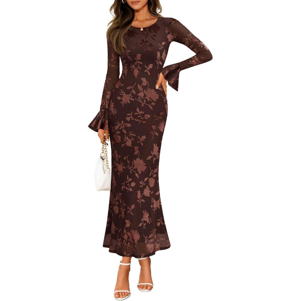 imageZESICA Womens 2026 Bell Long Sleeve Floral Maxi Dress Spring Fashion Bodycon Mesh Wedding Guest Cocktail Party DressesCoffee