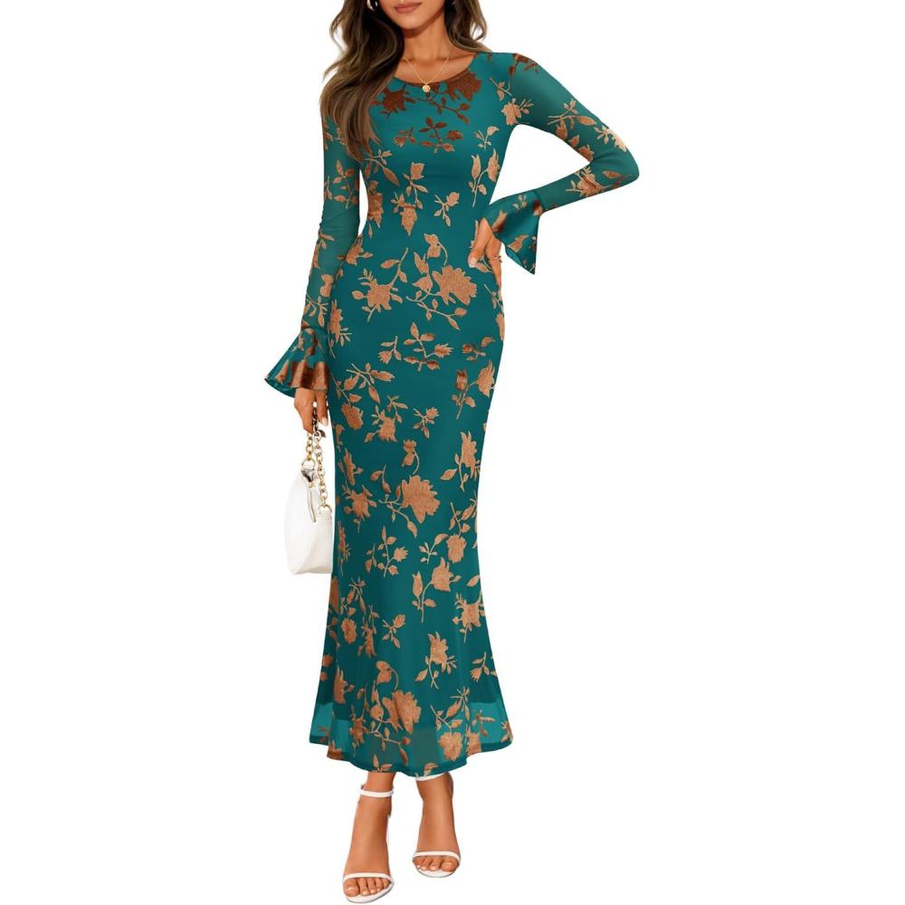 imageZESICA Womens 2026 Bell Long Sleeve Floral Maxi Dress Spring Fashion Bodycon Mesh Wedding Guest Cocktail Party DressesDarkgreen
