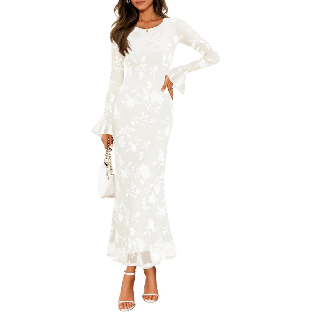 imageZESICA Womens 2026 Bell Long Sleeve Floral Maxi Dress Spring Fashion Bodycon Mesh Wedding Guest Cocktail Party DressesWhite