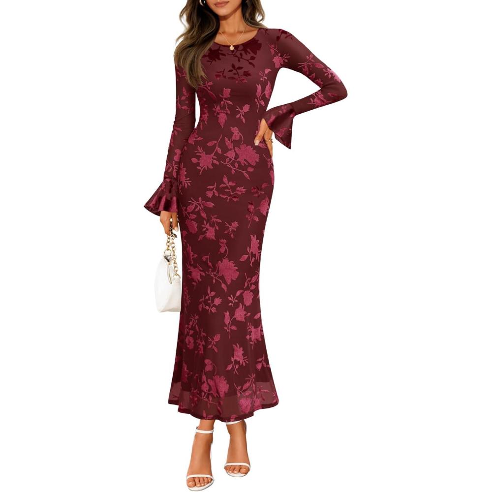 imageZESICA Womens 2026 Bell Long Sleeve Floral Maxi Dress Spring Fashion Bodycon Mesh Wedding Guest Cocktail Party DressesWine