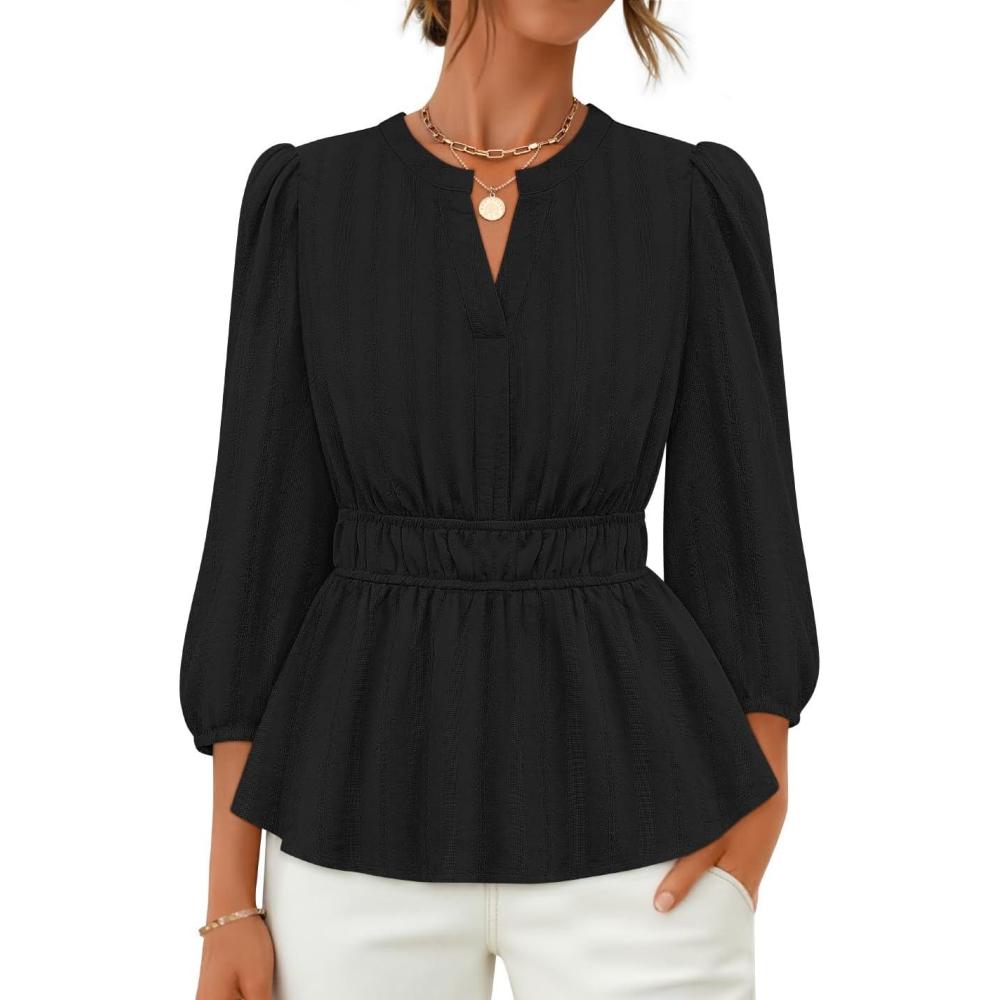 imageZESICA Womens 2026 Fall Babydoll Peplum Tops V Neck Puff 34 Length Sleeve Shirts Dressy Casual BlousesBlack