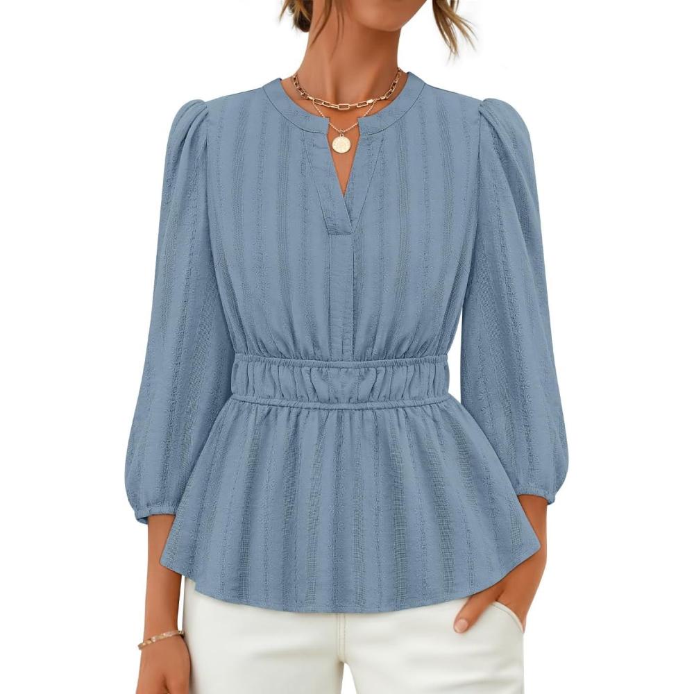 imageZESICA Womens 2026 Fall Babydoll Peplum Tops V Neck Puff 34 Length Sleeve Shirts Dressy Casual BlousesDustyblue