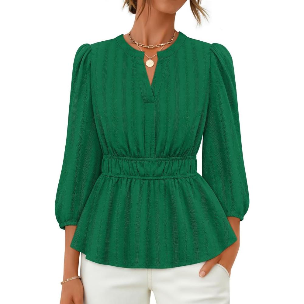 imageZESICA Womens 2026 Fall Babydoll Peplum Tops V Neck Puff 34 Length Sleeve Shirts Dressy Casual BlousesGreen