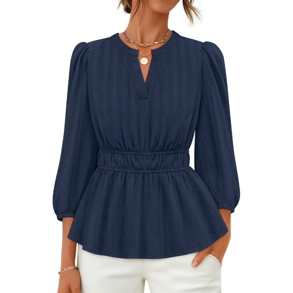 imageZESICA Womens 2026 Fall Babydoll Peplum Tops V Neck Puff 34 Length Sleeve Shirts Dressy Casual BlousesNavy