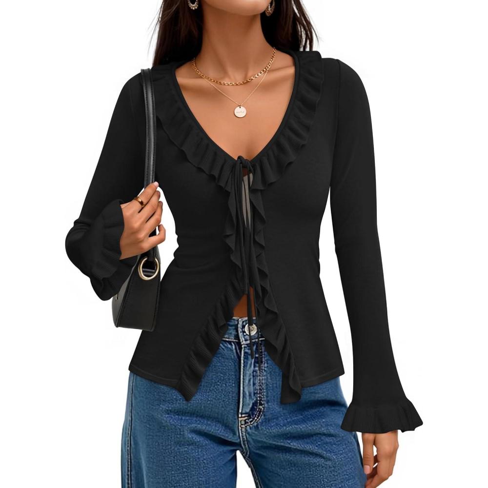 imageZESICA Womens 2026 Fall Tie Front Bow Cardigan Sweaters Long Bell Sleeve V Neck Ruffled Knit Cropped Trendy TopsBlack