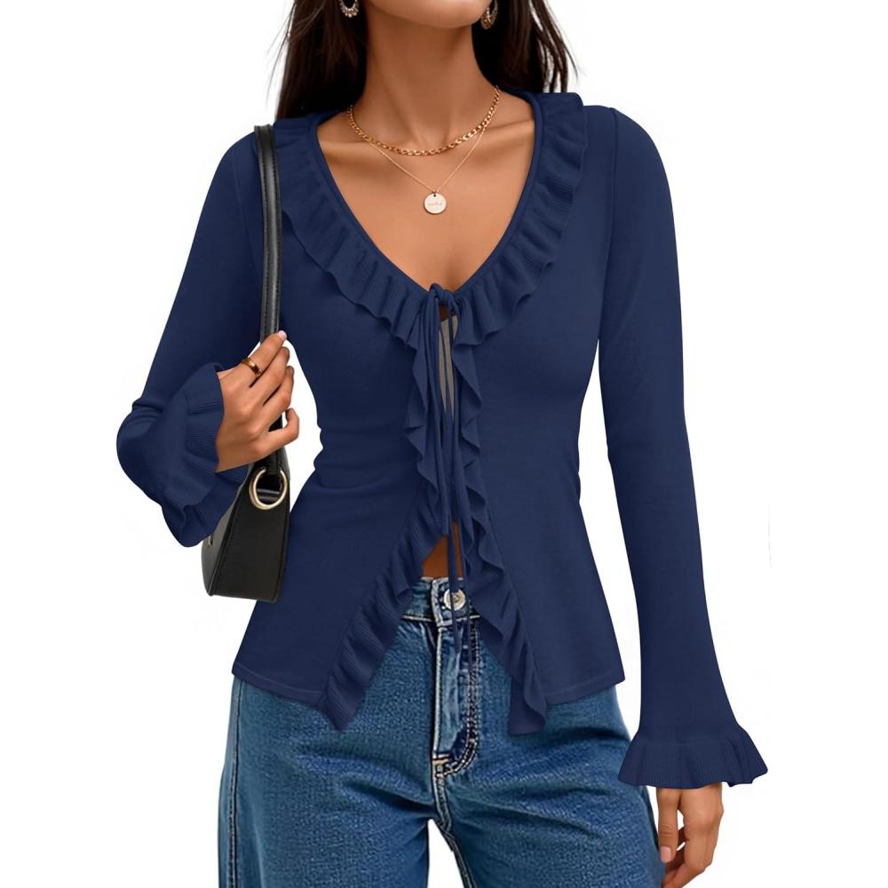 imageZESICA Womens 2026 Fall Tie Front Bow Cardigan Sweaters Long Bell Sleeve V Neck Ruffled Knit Cropped Trendy TopsNavy