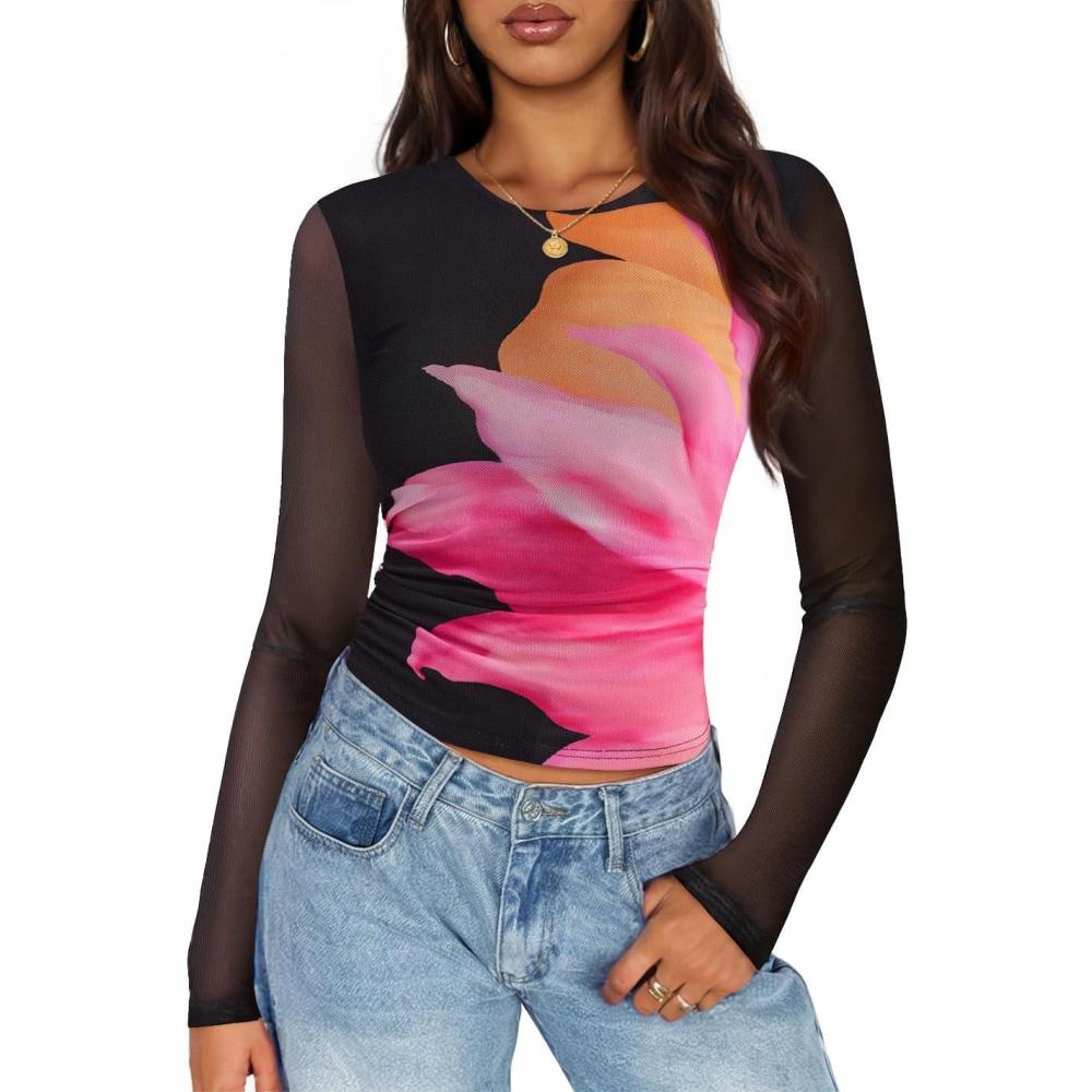imageZESICA Womens 2026 Spring Floral Mesh Going Out Tops Long Sleeve Crewneck Slim Fit Ruched Y2k Shirt Beach Vacation OutfitBlack