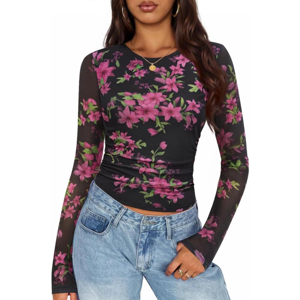 imageZESICA Womens 2026 Spring Floral Mesh Going Out Tops Long Sleeve Crewneck Slim Fit Ruched Y2k Shirt Beach Vacation OutfitBlack Rose
