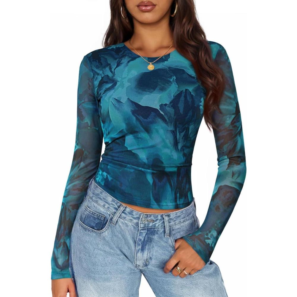 imageZESICA Womens 2026 Spring Floral Mesh Going Out Tops Long Sleeve Crewneck Slim Fit Ruched Y2k Shirt Beach Vacation OutfitBlue