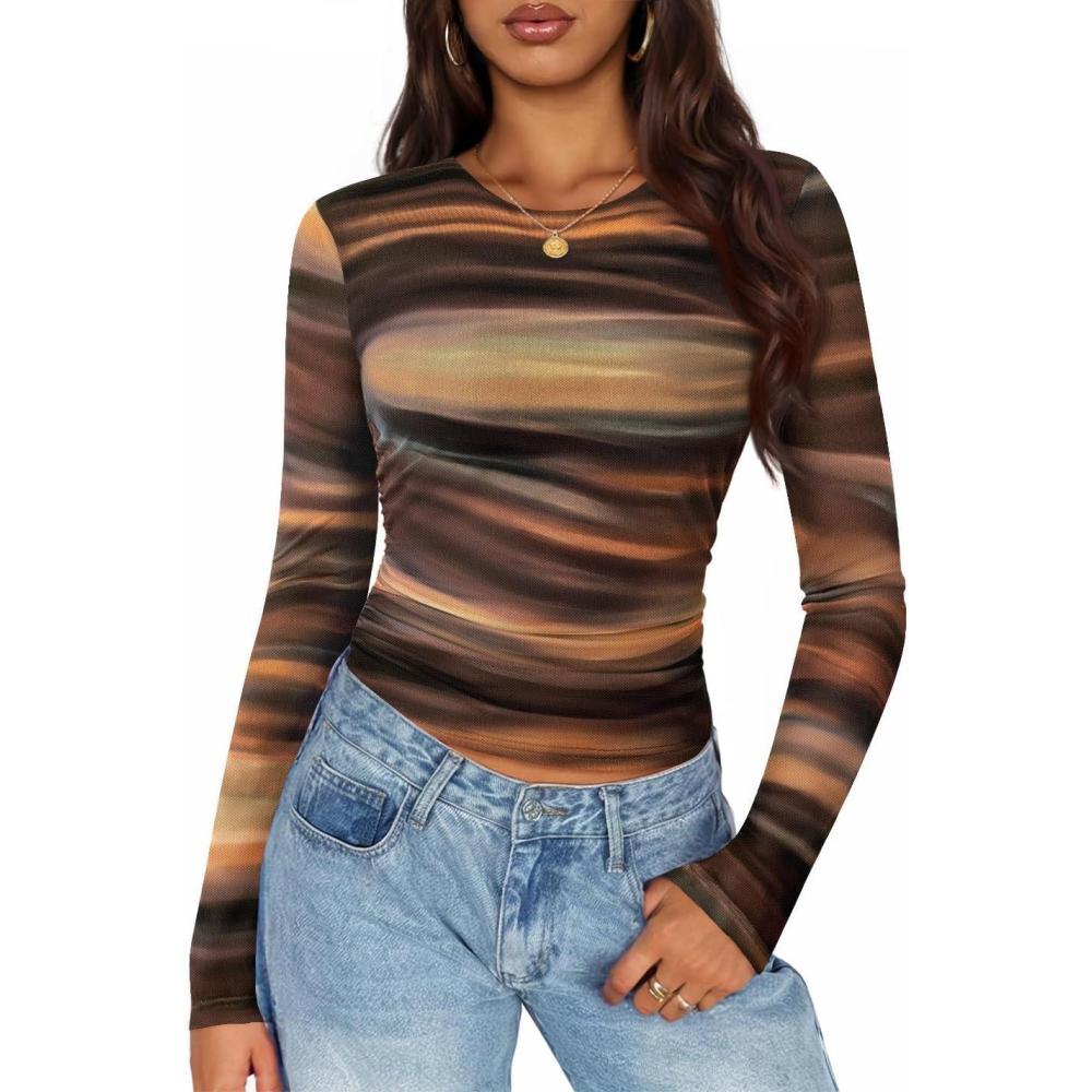 imageZESICA Womens 2026 Spring Floral Mesh Going Out Tops Long Sleeve Crewneck Slim Fit Ruched Y2k Shirt Beach Vacation OutfitBrown