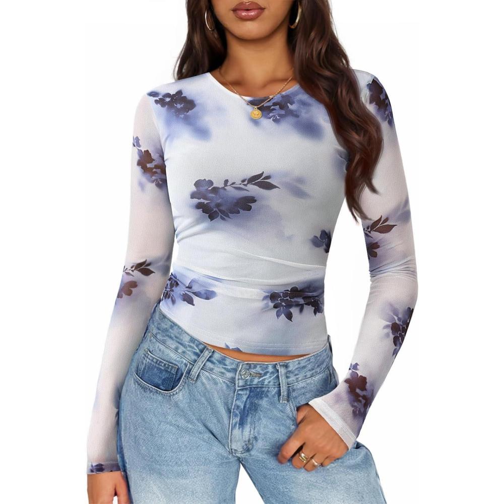 imageZESICA Womens 2026 Spring Floral Mesh Going Out Tops Long Sleeve Crewneck Slim Fit Ruched Y2k Shirt Beach Vacation OutfitGray Blue