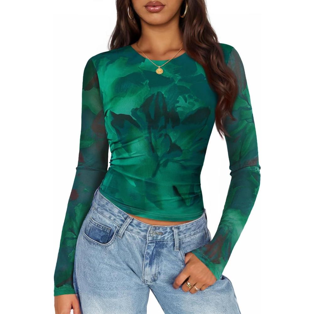 imageZESICA Womens 2026 Spring Floral Mesh Going Out Tops Long Sleeve Crewneck Slim Fit Ruched Y2k Shirt Beach Vacation OutfitGreen