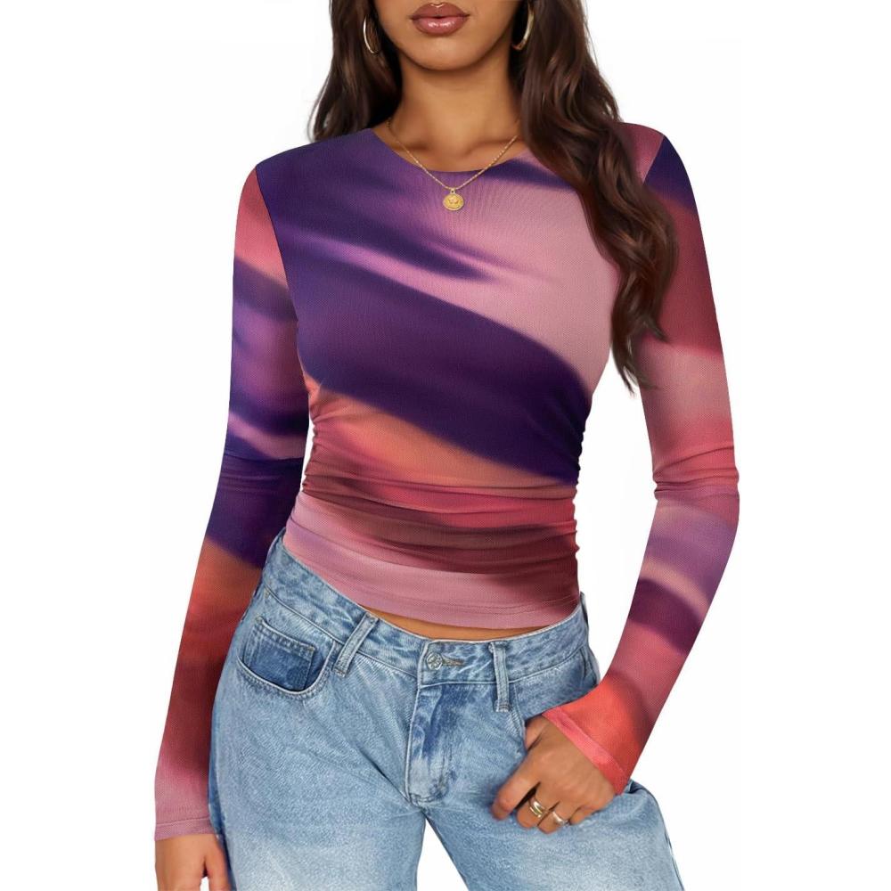 imageZESICA Womens 2026 Spring Floral Mesh Going Out Tops Long Sleeve Crewneck Slim Fit Ruched Y2k Shirt Beach Vacation OutfitMulticolour