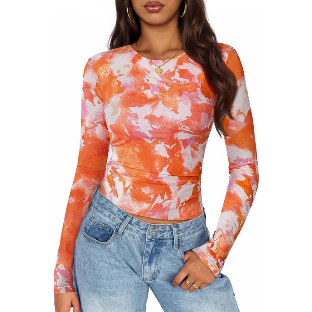 imageZESICA Womens 2026 Spring Floral Mesh Going Out Tops Long Sleeve Crewneck Slim Fit Ruched Y2k Shirt Beach Vacation OutfitOrange
