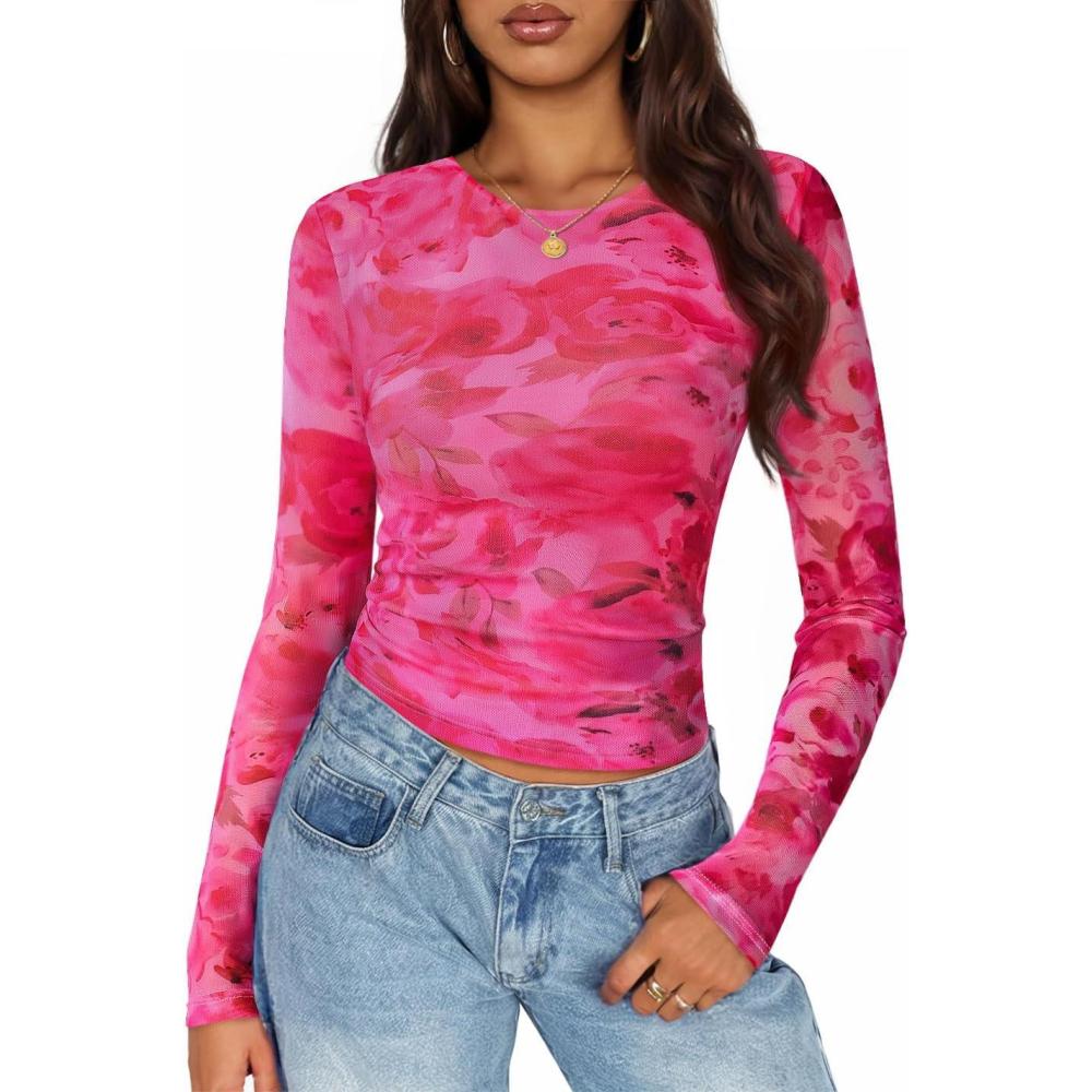 imageZESICA Womens 2026 Spring Floral Mesh Going Out Tops Long Sleeve Crewneck Slim Fit Ruched Y2k Shirt Beach Vacation OutfitPink