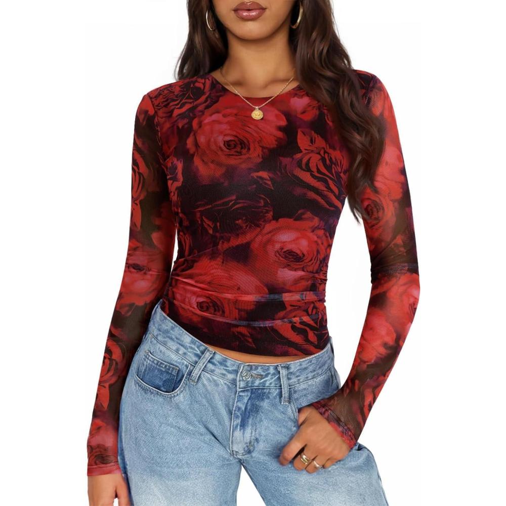imageZESICA Womens 2026 Spring Floral Mesh Going Out Tops Long Sleeve Crewneck Slim Fit Ruched Y2k Shirt Beach Vacation OutfitRed