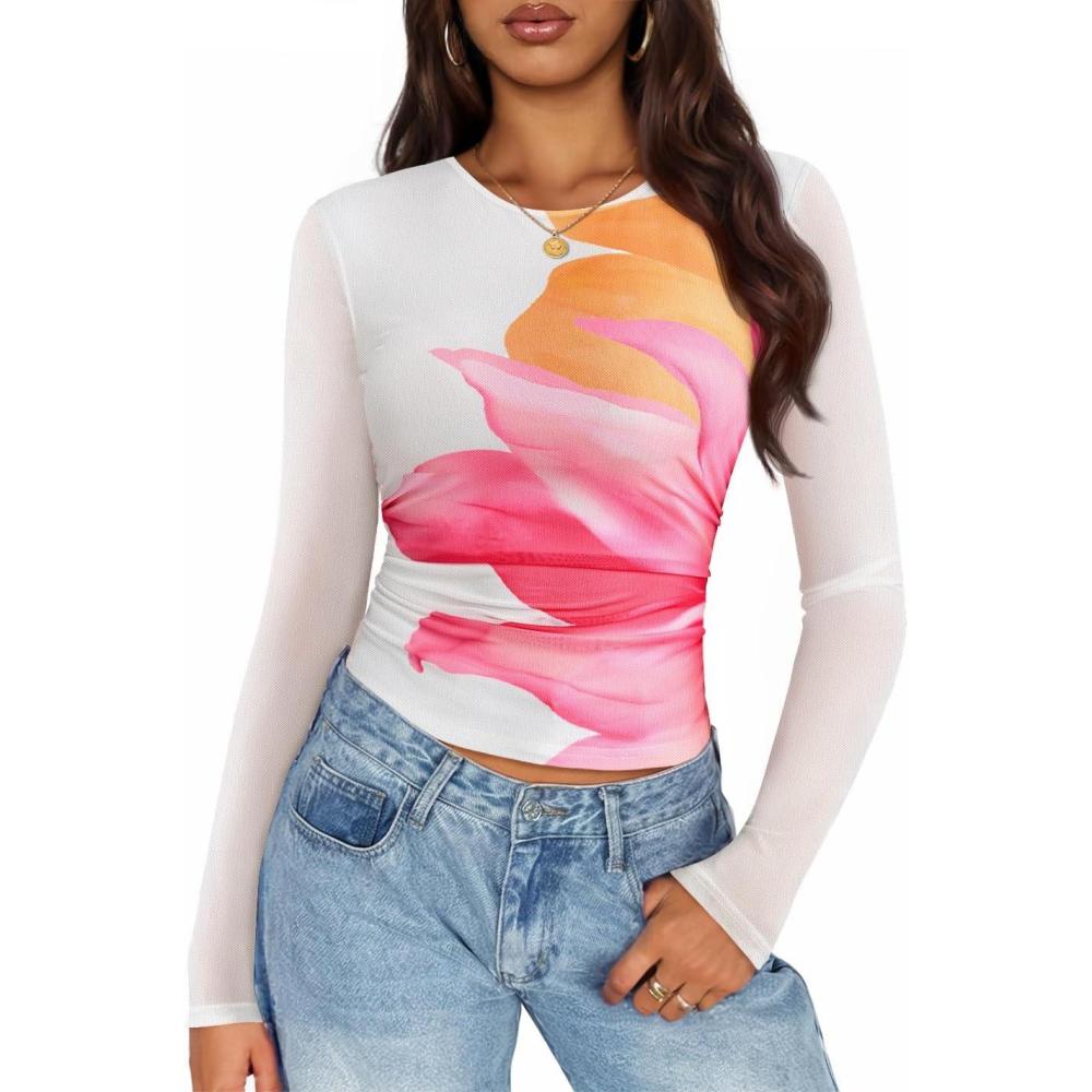 imageZESICA Womens 2026 Spring Floral Mesh Going Out Tops Long Sleeve Crewneck Slim Fit Ruched Y2k Shirt Beach Vacation OutfitWhite