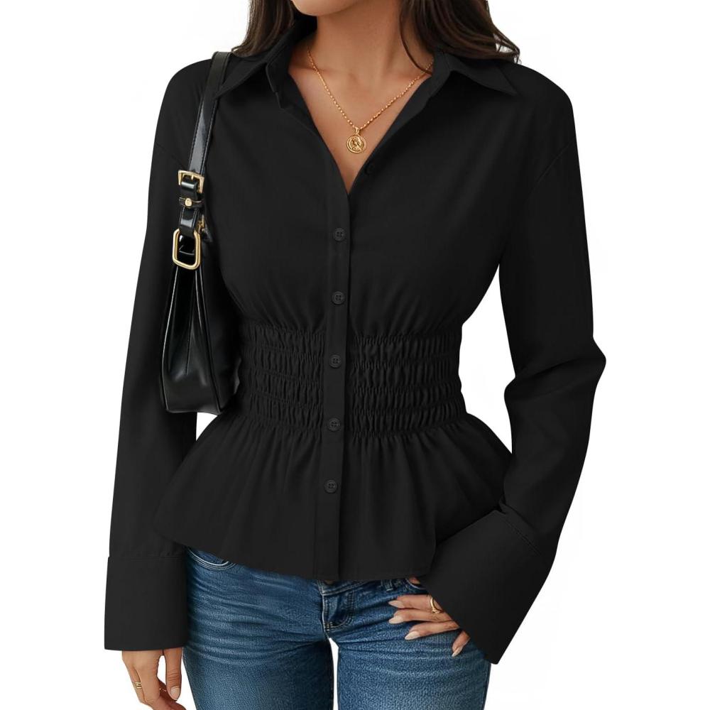 imageZESICA Womens 2026 Spring Long Sleeve Blouse Business Dressy Casual Button Down Shirts Peplum Tops Fashion Trendy ClothesBlack