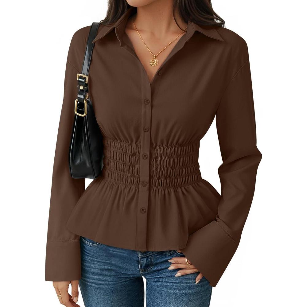 imageZESICA Womens 2026 Spring Long Sleeve Blouse Business Dressy Casual Button Down Shirts Peplum Tops Fashion Trendy ClothesBrown