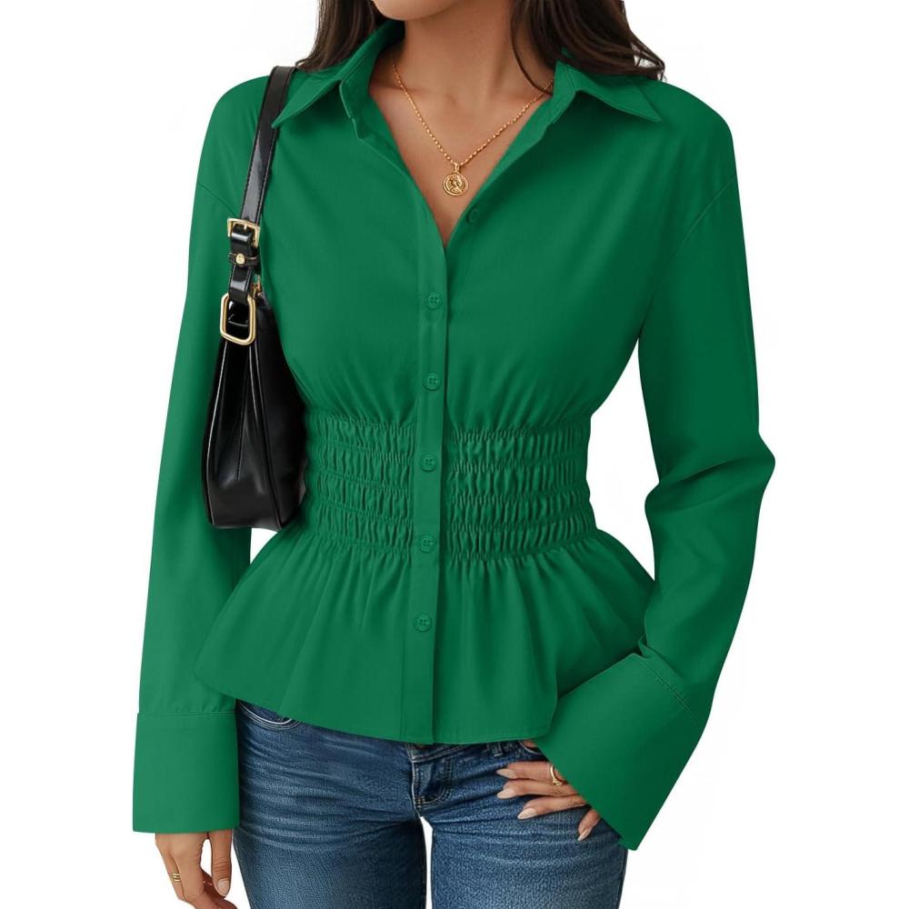 imageZESICA Womens 2026 Spring Long Sleeve Blouse Business Dressy Casual Button Down Shirts Peplum Tops Fashion Trendy ClothesGreen