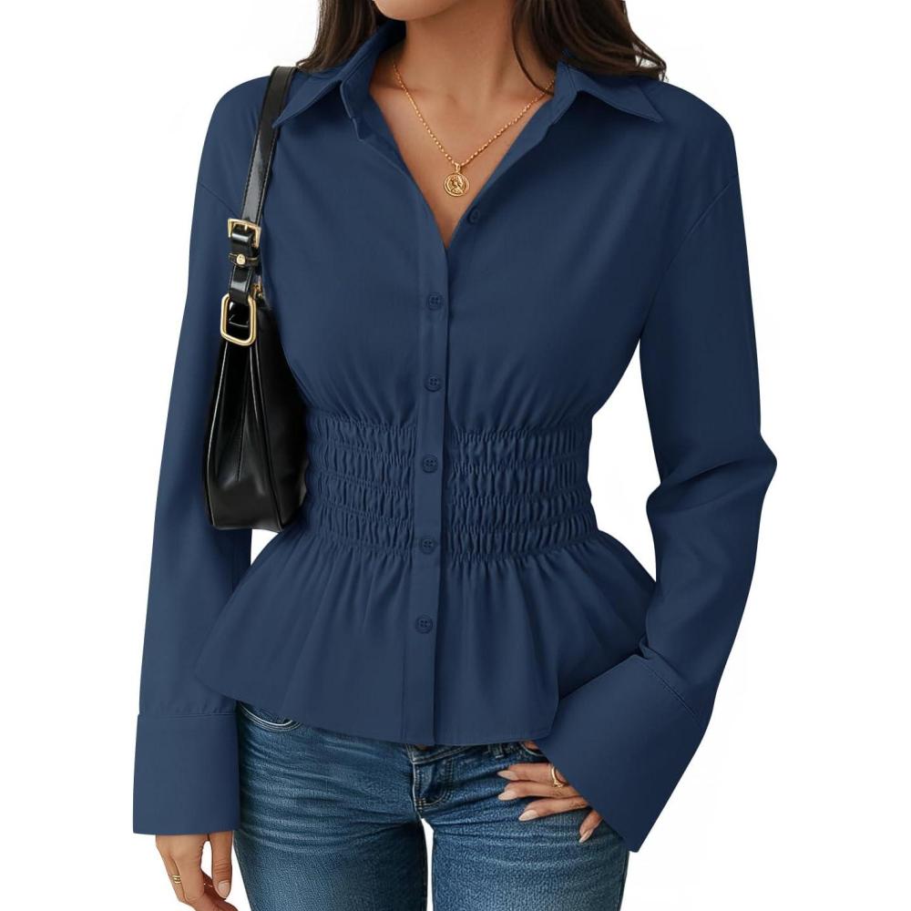 imageZESICA Womens 2026 Spring Long Sleeve Blouse Business Dressy Casual Button Down Shirts Peplum Tops Fashion Trendy ClothesNavy
