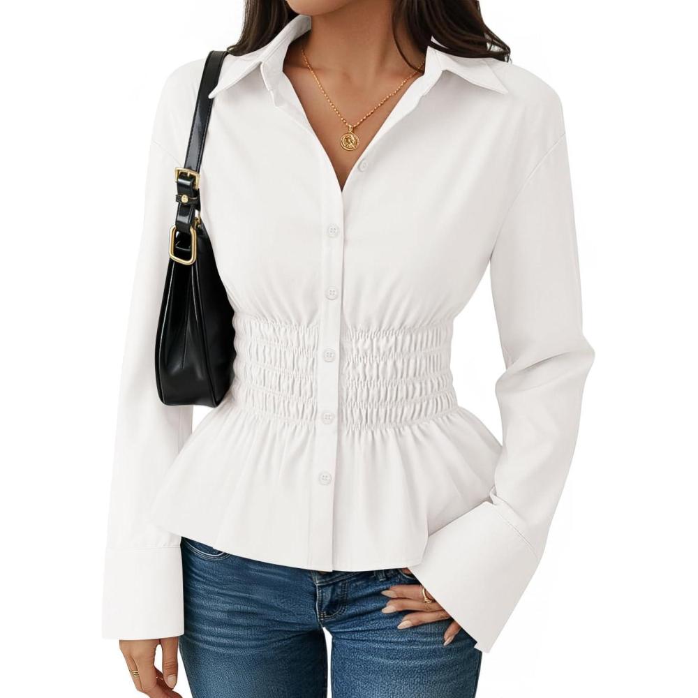 imageZESICA Womens 2026 Spring Long Sleeve Blouse Business Dressy Casual Button Down Shirts Peplum Tops Fashion Trendy ClothesWhite