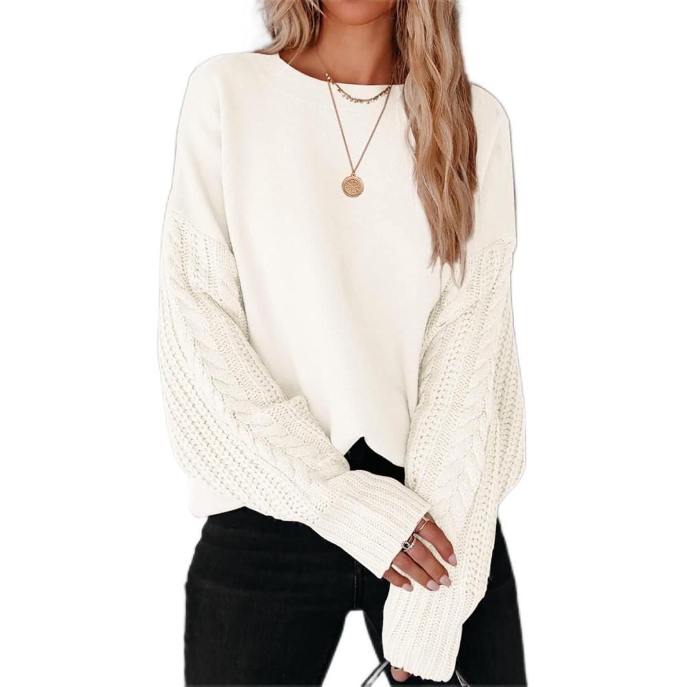imageZESICA Womens 2026 Spring Long Sleeve Crew Neck Solid Color Cable Knit Chunky Casual Oversized Pullover Sweater TopsBeige
