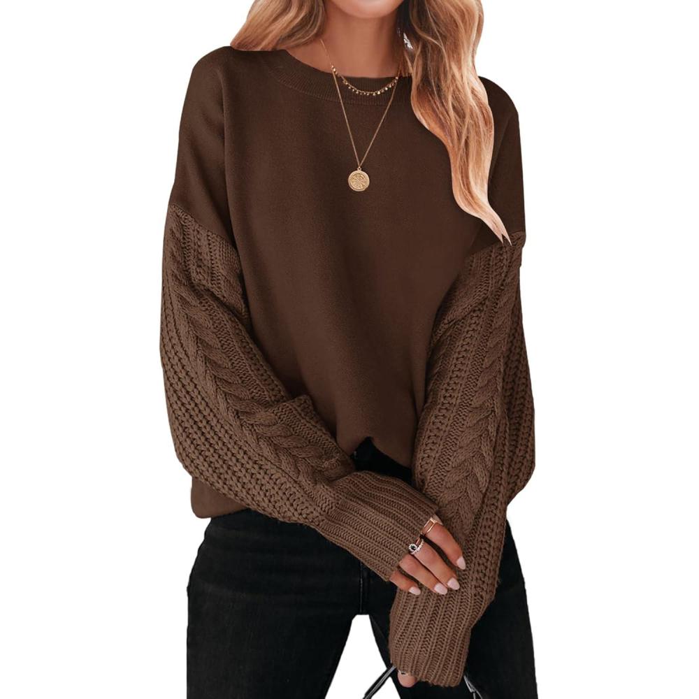imageZESICA Womens 2026 Spring Long Sleeve Crew Neck Solid Color Cable Knit Chunky Casual Oversized Pullover Sweater TopsCoffee