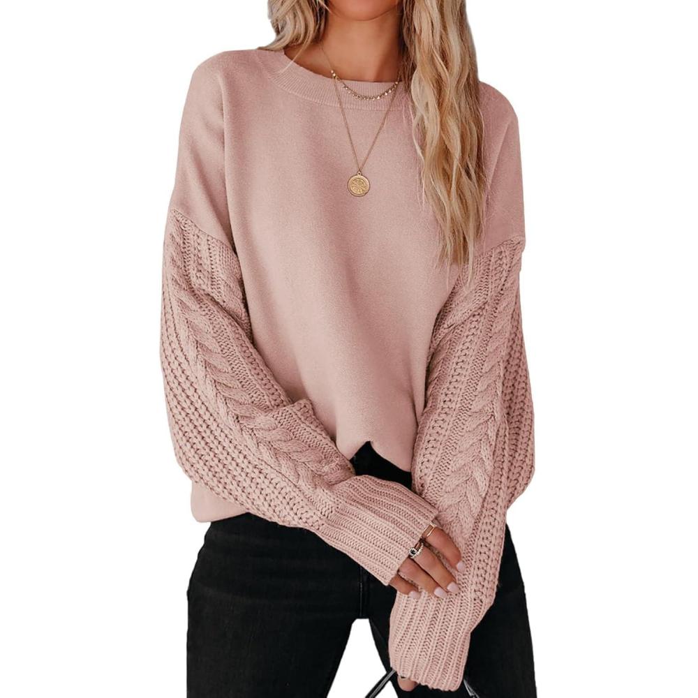 imageZESICA Womens 2026 Spring Long Sleeve Crew Neck Solid Color Cable Knit Chunky Casual Oversized Pullover Sweater TopsGreypink