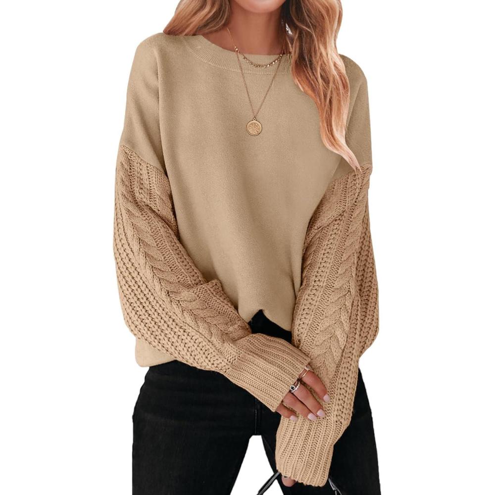 imageZESICA Womens 2026 Spring Long Sleeve Crew Neck Solid Color Cable Knit Chunky Casual Oversized Pullover Sweater TopsKhaki