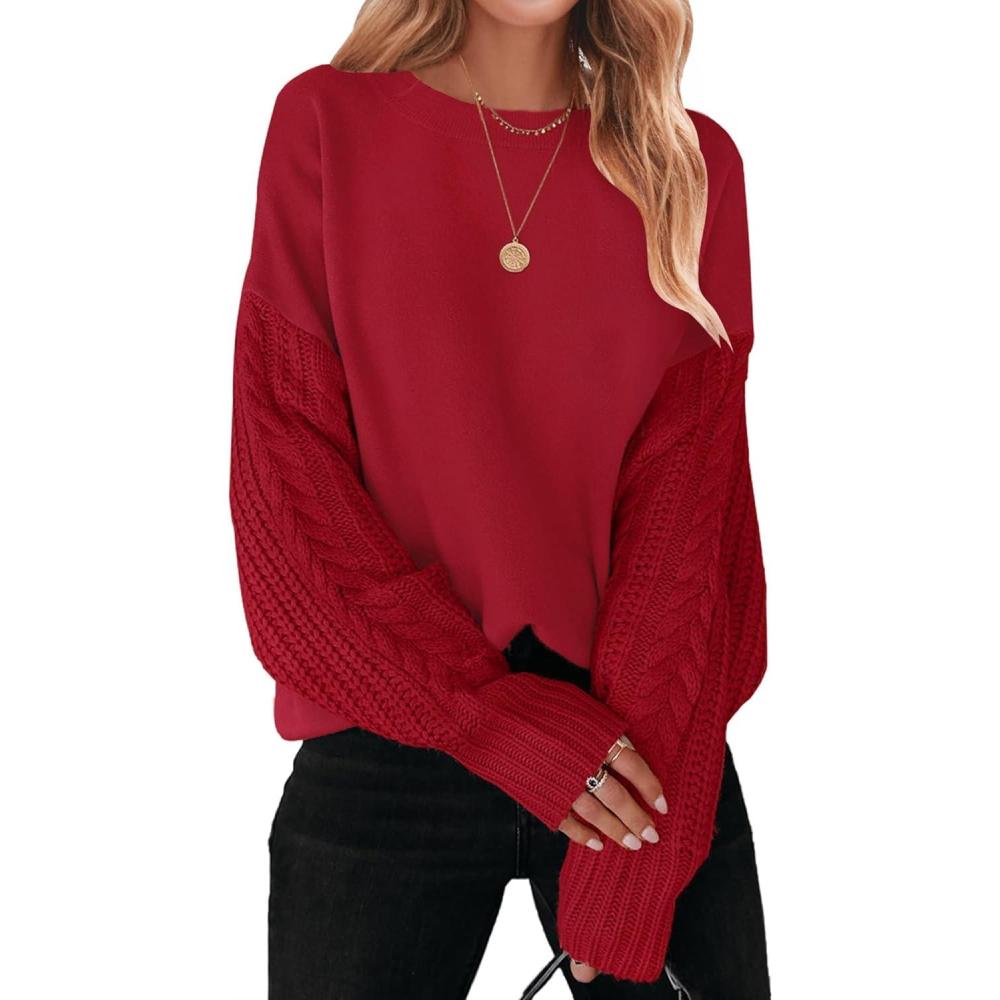 imageZESICA Womens 2026 Spring Long Sleeve Crew Neck Solid Color Cable Knit Chunky Casual Oversized Pullover Sweater TopsRed
