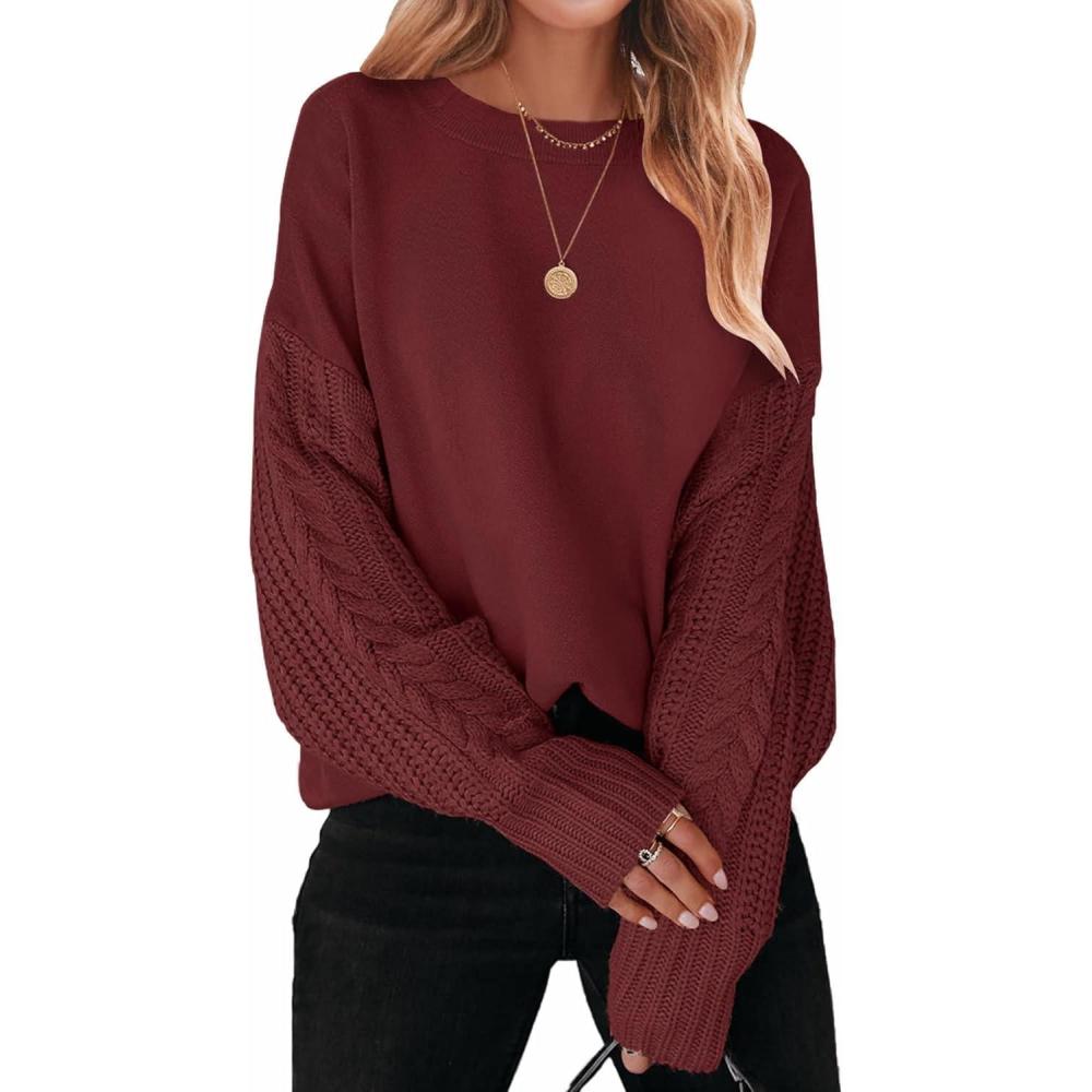 imageZESICA Womens 2026 Spring Long Sleeve Crew Neck Solid Color Cable Knit Chunky Casual Oversized Pullover Sweater TopsWine