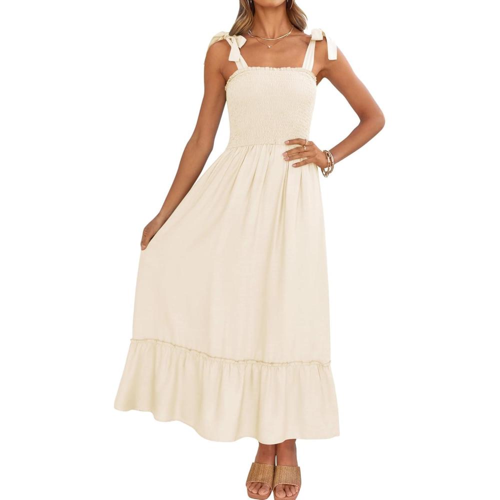 imageZESICA Womens 2026 Summer Boho Spaghetti Strap Square Neck Solid Color Ruffle A Line Beach Long Maxi DressApricot