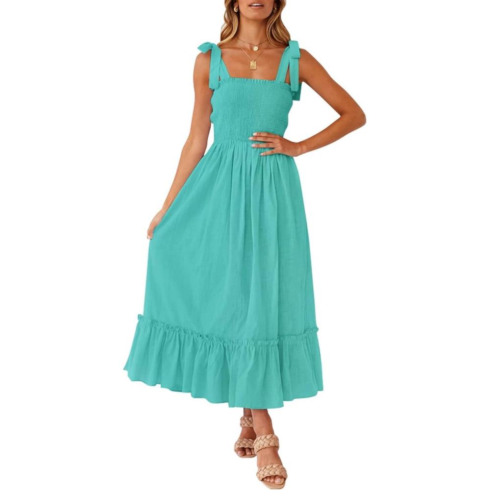 imageZESICA Womens 2026 Summer Boho Spaghetti Strap Square Neck Solid Color Ruffle A Line Beach Long Maxi DressAqua