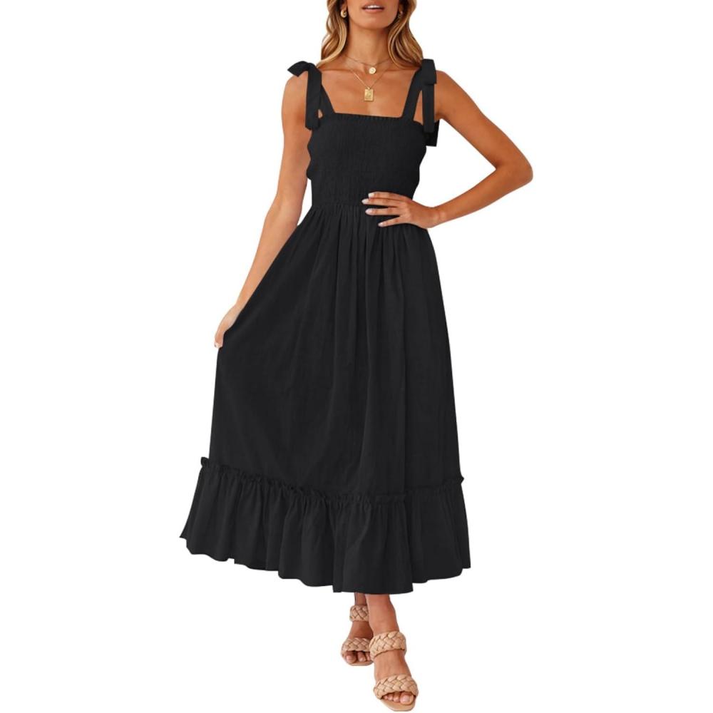 imageZESICA Womens 2026 Summer Boho Spaghetti Strap Square Neck Solid Color Ruffle A Line Beach Long Maxi DressBlack