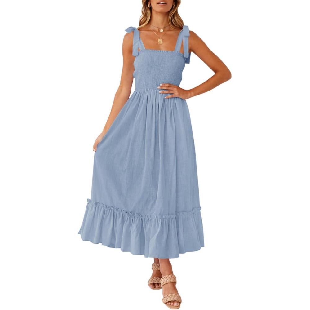 imageZESICA Womens 2026 Summer Boho Spaghetti Strap Square Neck Solid Color Ruffle A Line Beach Long Maxi DressBlue