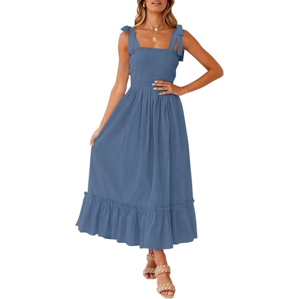 imageZESICA Womens 2026 Summer Boho Spaghetti Strap Square Neck Solid Color Ruffle A Line Beach Long Maxi DressDustyblue