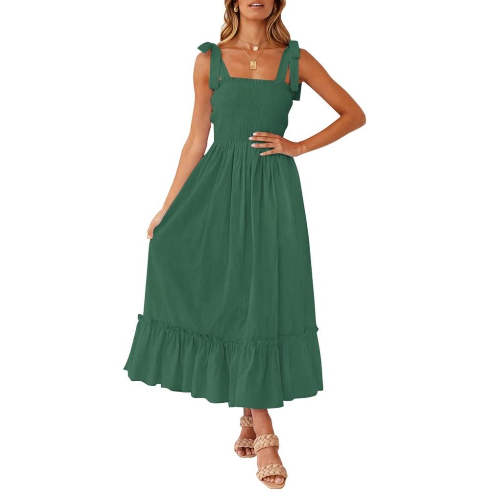 imageZESICA Womens 2026 Summer Boho Spaghetti Strap Square Neck Solid Color Ruffle A Line Beach Long Maxi DressForestgreen