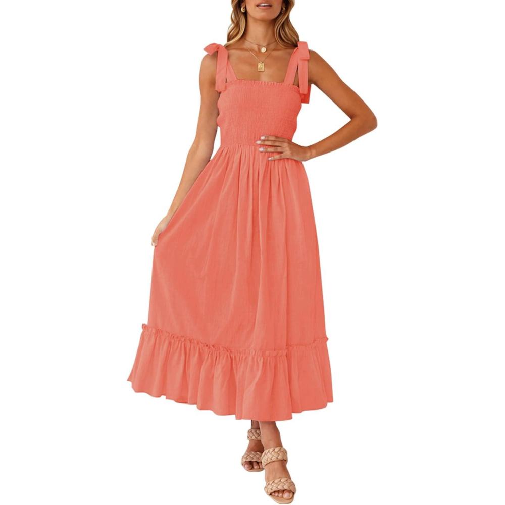 imageZESICA Womens 2026 Summer Boho Spaghetti Strap Square Neck Solid Color Ruffle A Line Beach Long Maxi DressGrapefruit